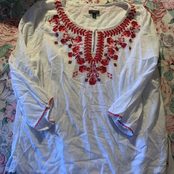 Talbots Tops - Talbots White Blouse with Red Embroidery Size Large P